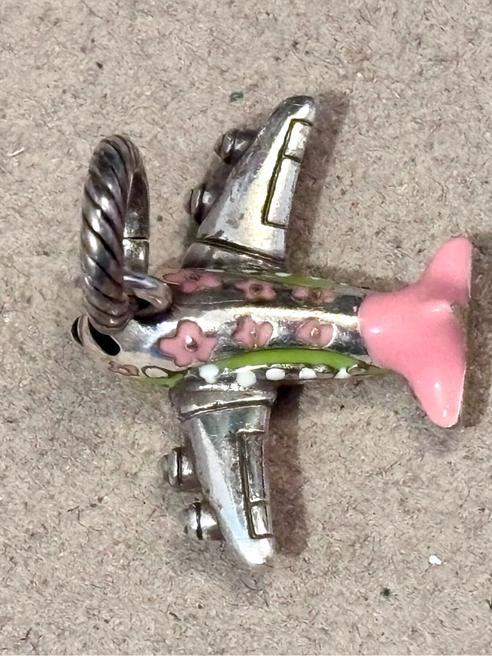🆕Listing! Brighton Flower Power airplane charm Pink & green on silver Retired